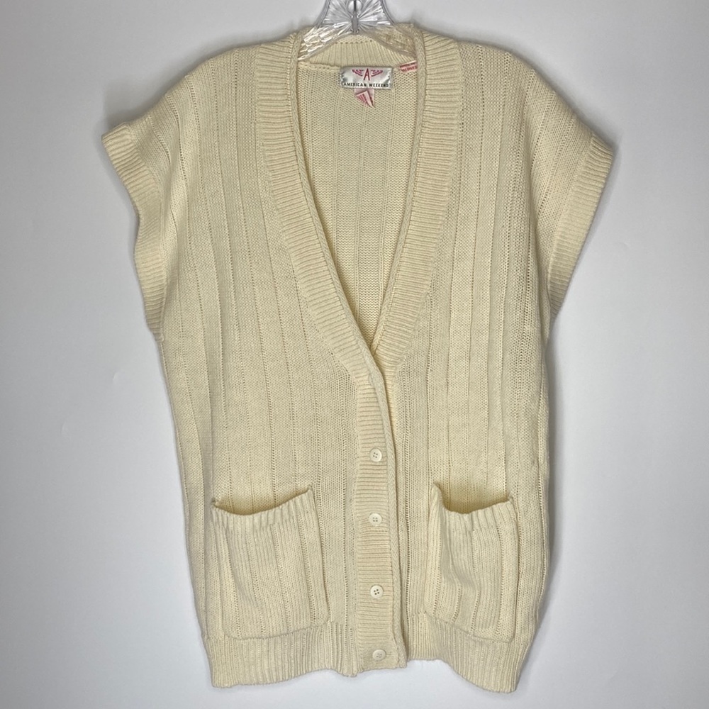 Vintage American Weekend Button Up Sweater Vest Wool Blend Cream Large